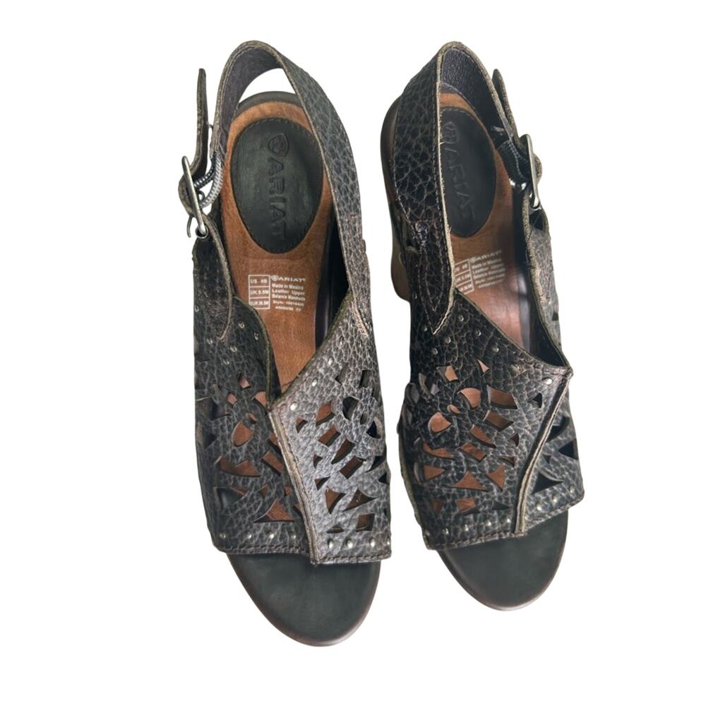 Ariat Fortune Studded Perforated Leather Slingback Sandal Cork Wedge Brown 8B